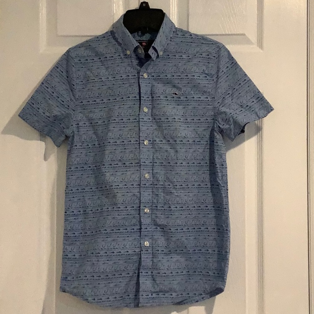 VINEYARD VINES Boy’s 100% Cotton Blue Summer Nautical “Whale Shirt” M 12-14